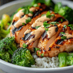 Grilled Chicken & Broccoli Bowls with Creamy Garlic Sauce