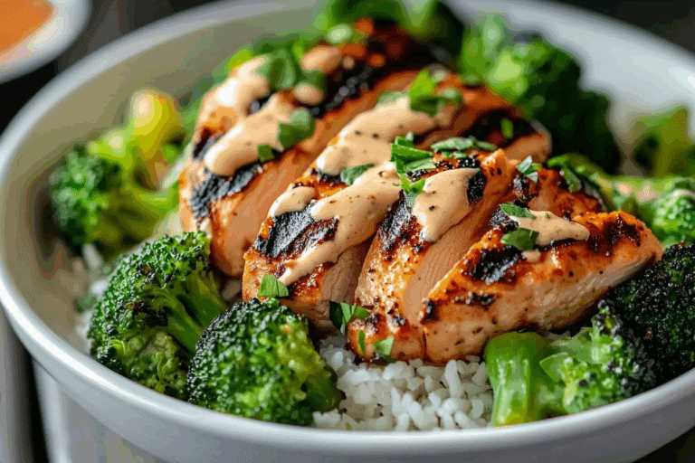 Grilled Chicken & Broccoli Bowls with Creamy Garlic Sauce