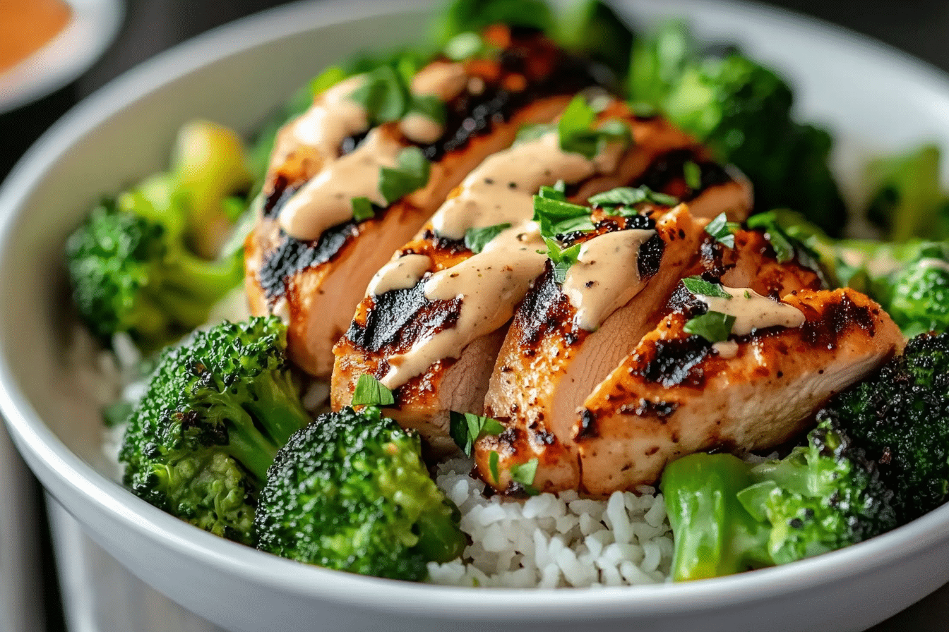 Grilled Chicken & Broccoli Bowls with Creamy Garlic Sauce
