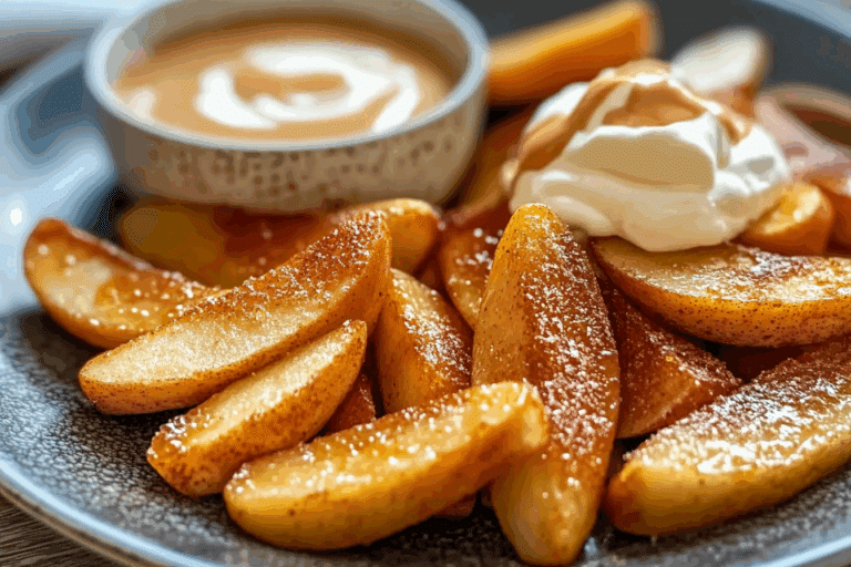 Air Fried Apple Wedges with Caramel Whipped Cream Dipping Sauce