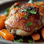 Crispy Brown Sugar Mustard Chicken Thighs with Roasted Carrots