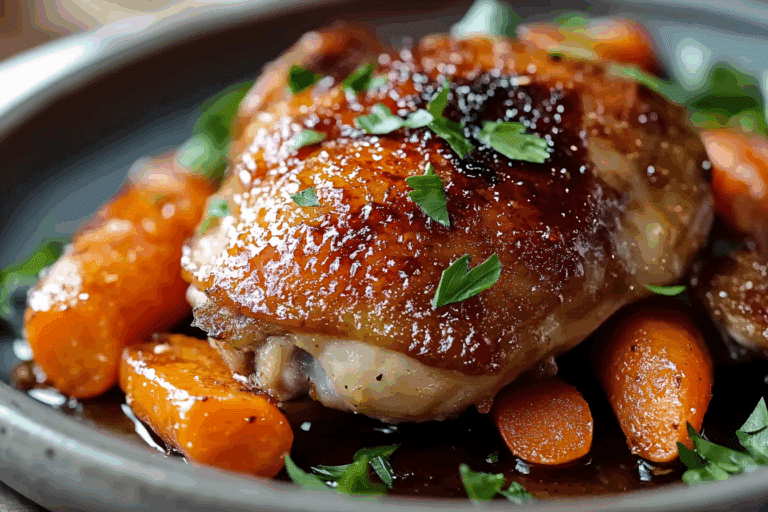Crispy Brown Sugar Mustard Chicken Thighs with Roasted Carrots