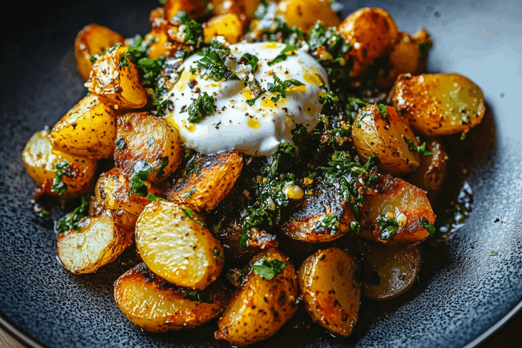 Crispy Chimichurri Potatoes & Lemony Yoghurt Sauce