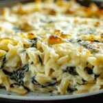One Pan Creamy Spinach and Artichoke Orzo Bake