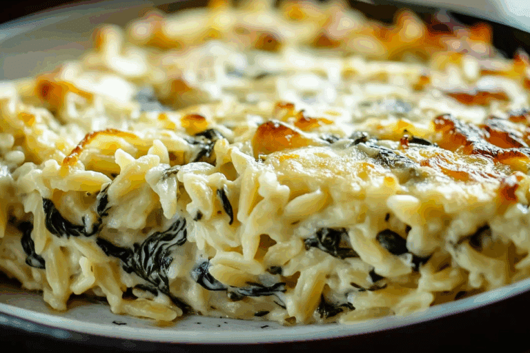 One Pan Creamy Spinach and Artichoke Orzo Bake