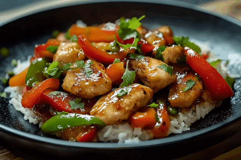 Sizzling Garlic Chicken Stir-Fry with Peppers & Steamed Rice