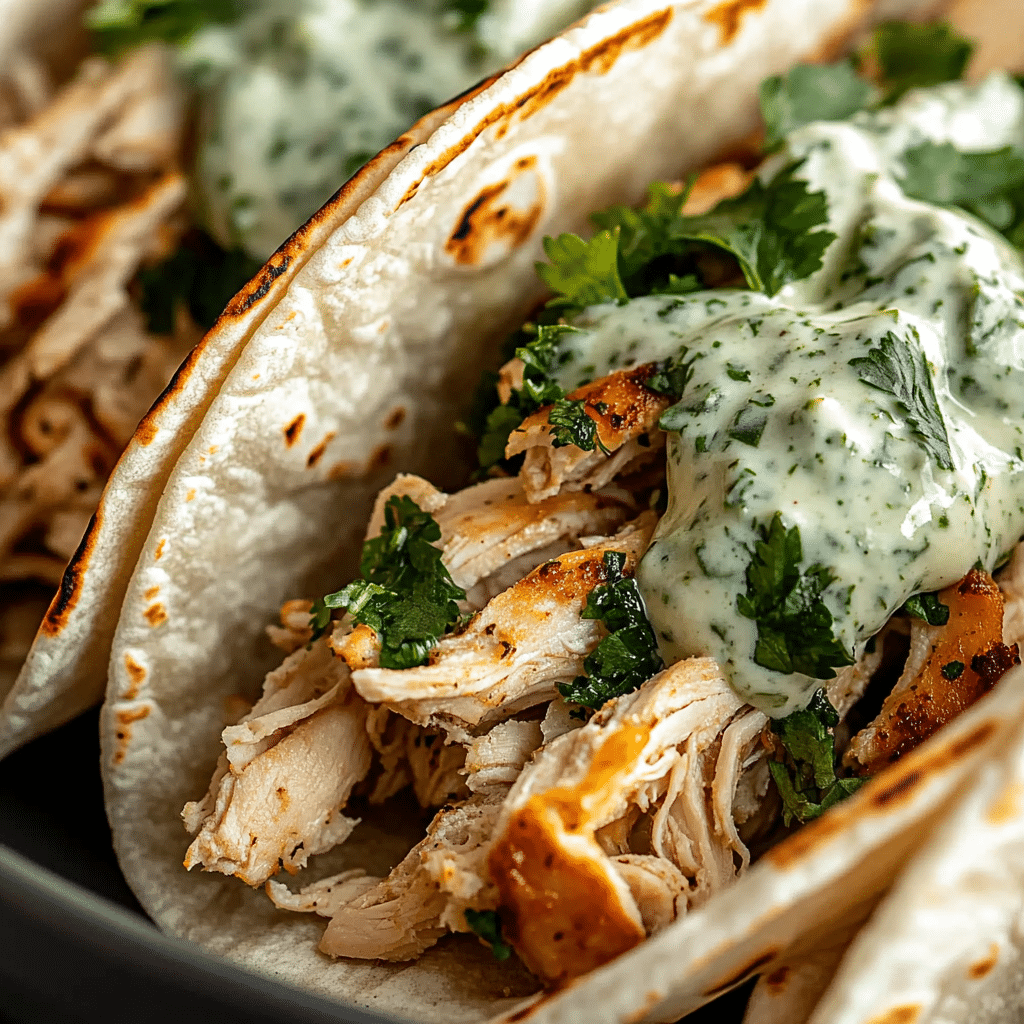 Shredded Chicken Tacos with Creamy Chimichurri Sauce