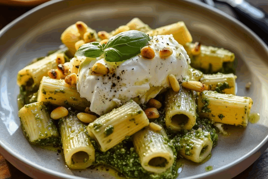 Lemon Pesto Rigatoni with Burrata & Roasted Pine Nuts