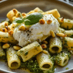 Lemon Pesto Rigatoni with Burrata & Roasted Pine Nuts