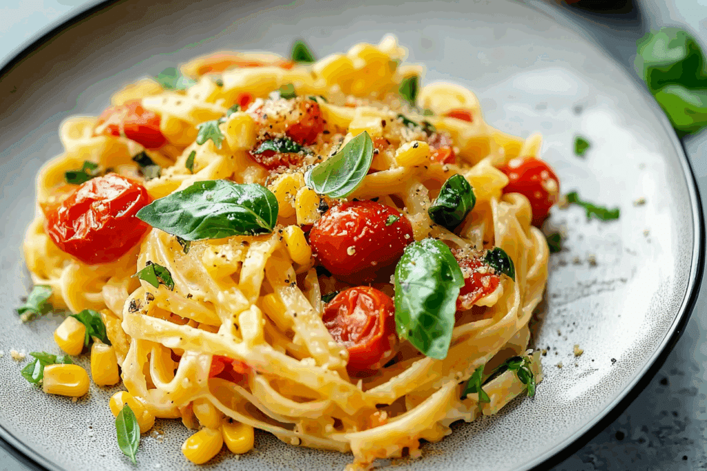 Pasta with Cherry Tomatoes, Roasted Red Peppers, and Corn