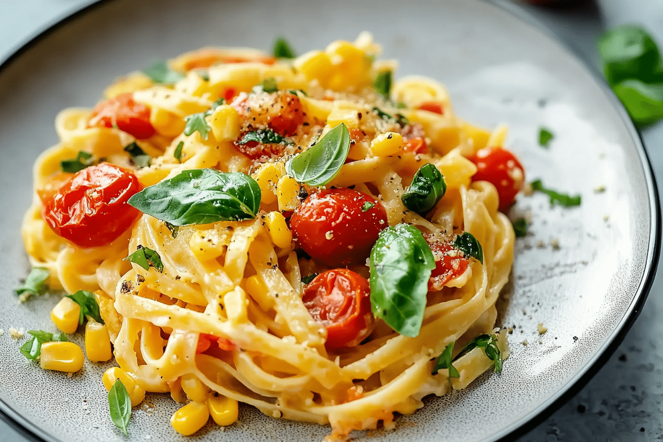 Pasta with Cherry Tomatoes, Roasted Red Peppers, and Corn