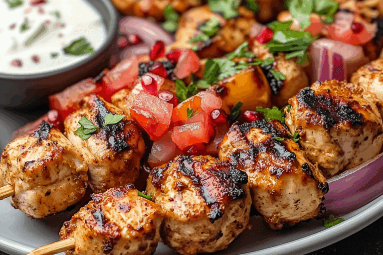 Sheet Pan Chicken Kebab with Onion, Tomato, Pomegranate Salad & Garlic Yogurt Sauce