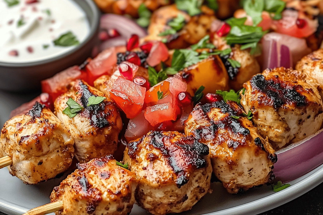 Sheet Pan Chicken Kebab with Onion, Tomato, Pomegranate Salad & Garlic Yogurt Sauce
