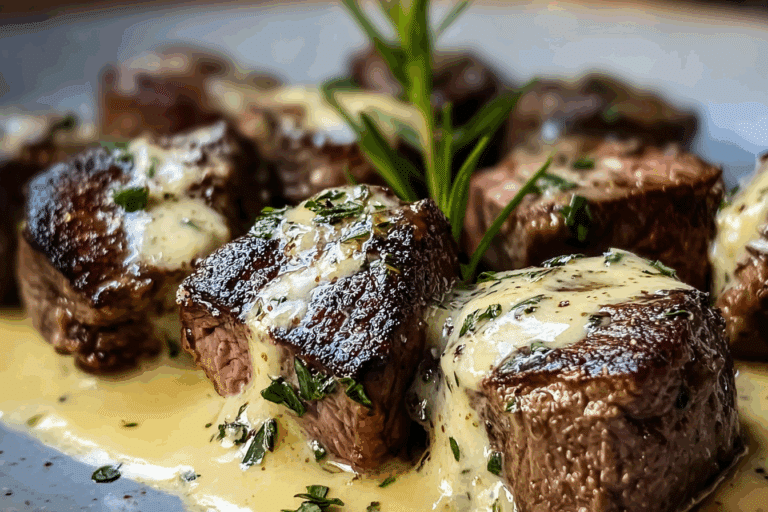 Juicy Garlic Butter Steak Bites with Parmesan Cream Sauce