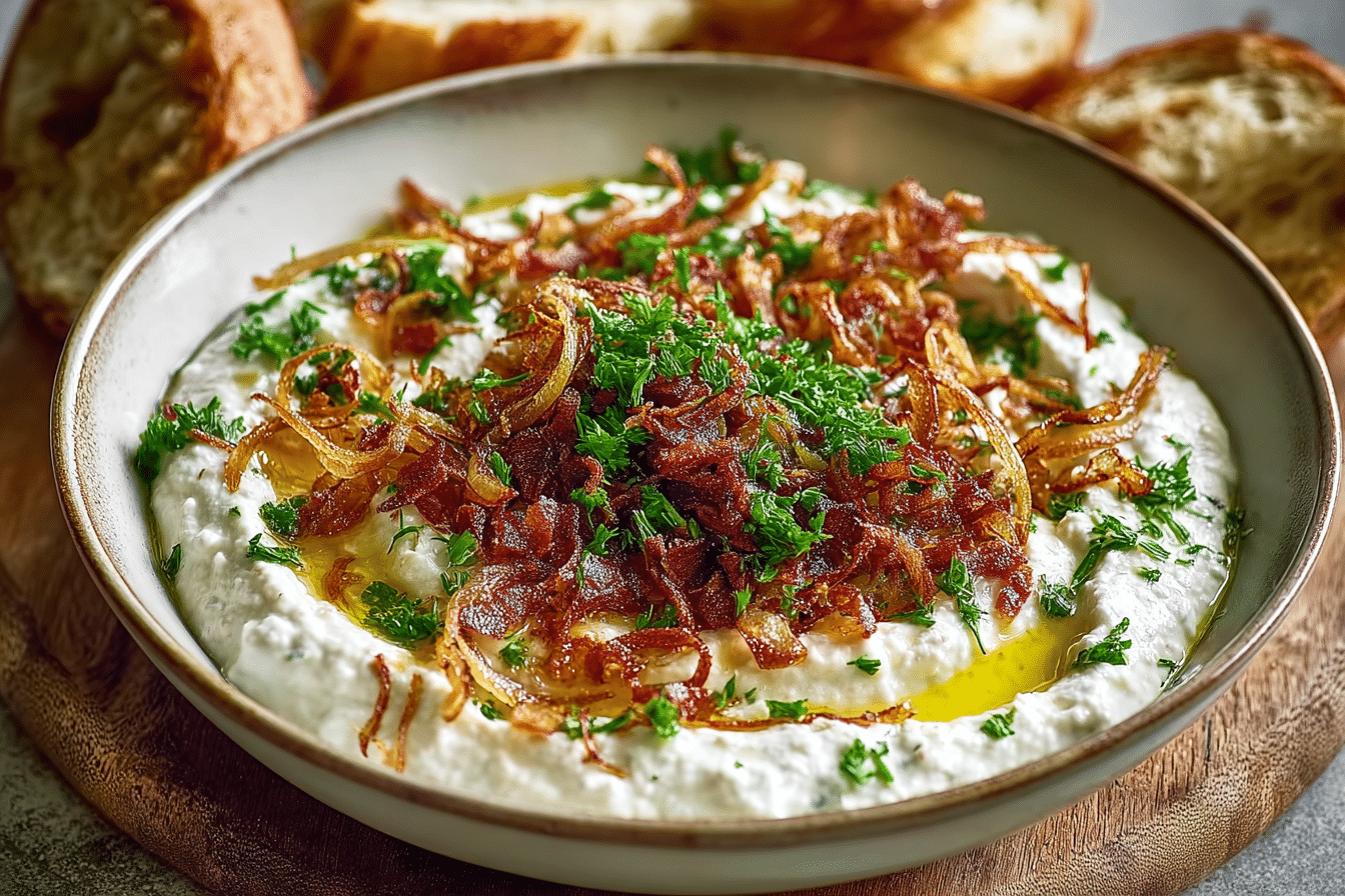Greek Yogurt Onion Dip with Crispy Shallots