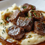 Garlic Butter Beef Bites with Creamy Mashed Potatoes