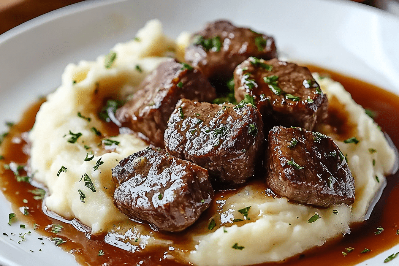 Garlic Butter Beef Bites with Creamy Mashed Potatoes