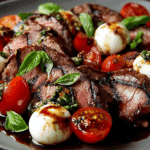 Grilled Balsamic Steak with Mozzarella, Tomatoes & Fresh Basil