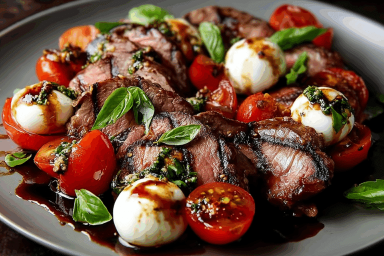 Grilled Balsamic Steak with Mozzarella, Tomatoes & Fresh Basil