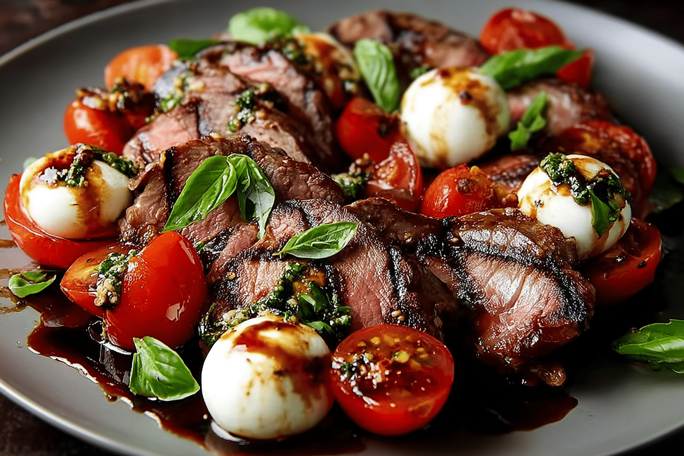 Grilled Balsamic Steak with Mozzarella, Tomatoes & Fresh Basil