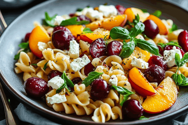 Summer Pasta Salad with Peaches, Cherries, and Feta Bliss