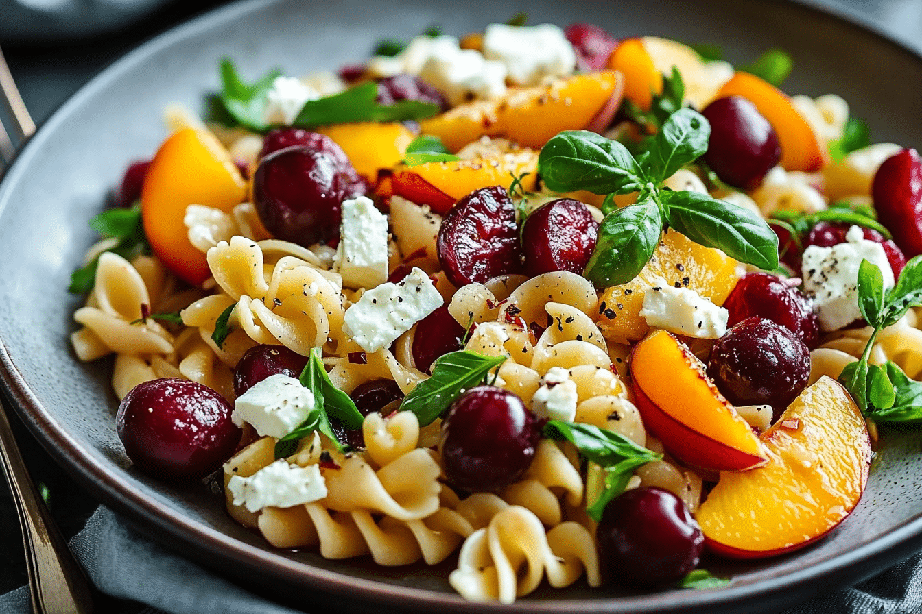 Summer Pasta Salad with Peaches, Cherries, and Feta Bliss
