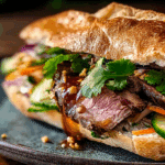 Vietnamese Pho Sandwich with Roast Beef, Hoisin, Sriracha & Herbs