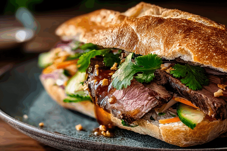 Vietnamese Pho Sandwich with Roast Beef, Hoisin, Sriracha & Herbs