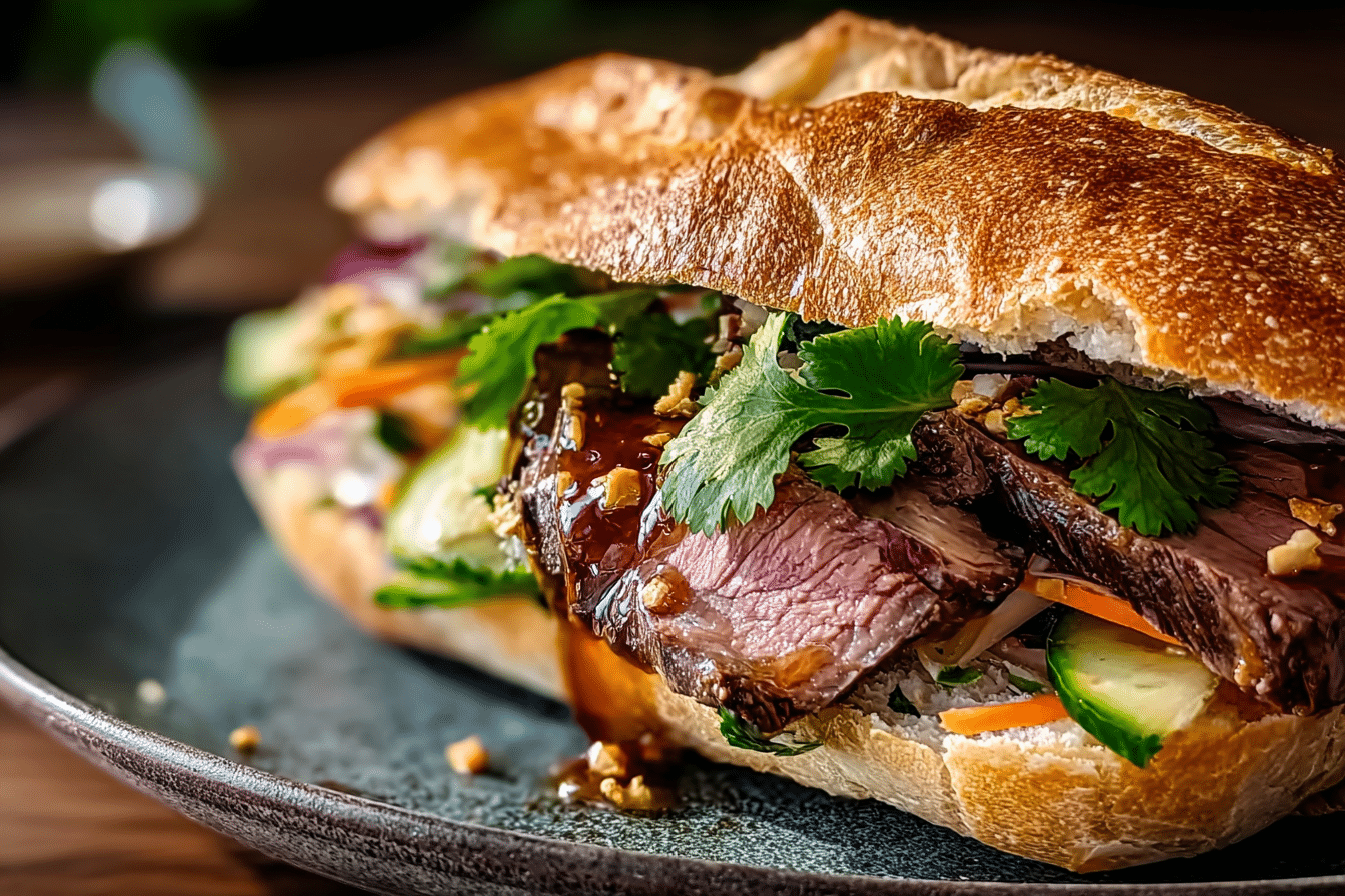 Vietnamese Pho Sandwich with Roast Beef, Hoisin, Sriracha & Herbs