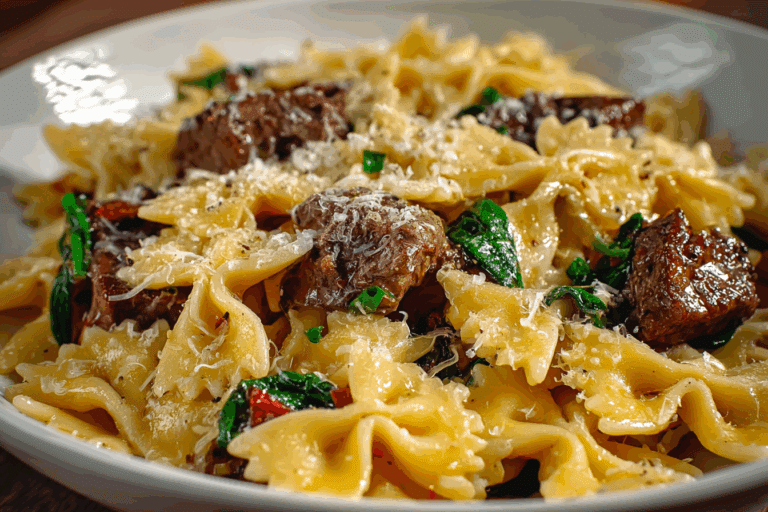 Creamy Parmesan Garlic Beef Bowtie Pasta