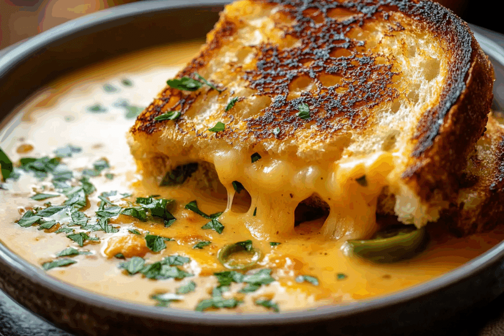Spicy Jalapeño Popper Soup with Grilled Cheese Dippers