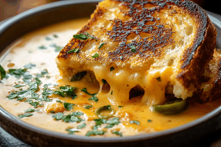 Spicy Jalapeño Popper Soup with Grilled Cheese Dippers