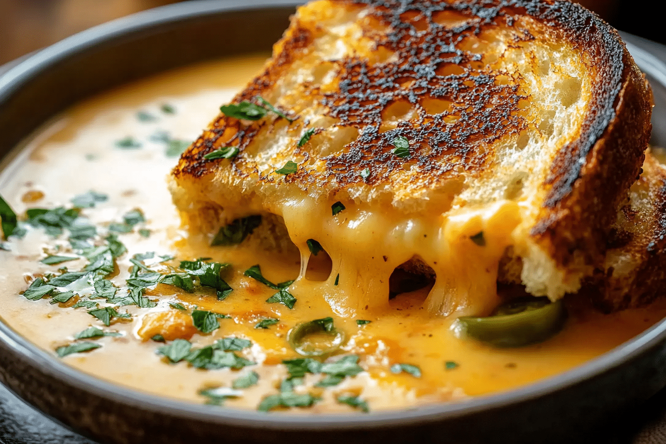 Spicy Jalapeño Popper Soup with Grilled Cheese Dippers