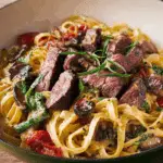 Creamy Veggie Fettuccine with Juicy Steak