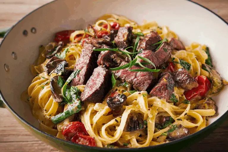 Creamy Veggie Fettuccine with Juicy Steak