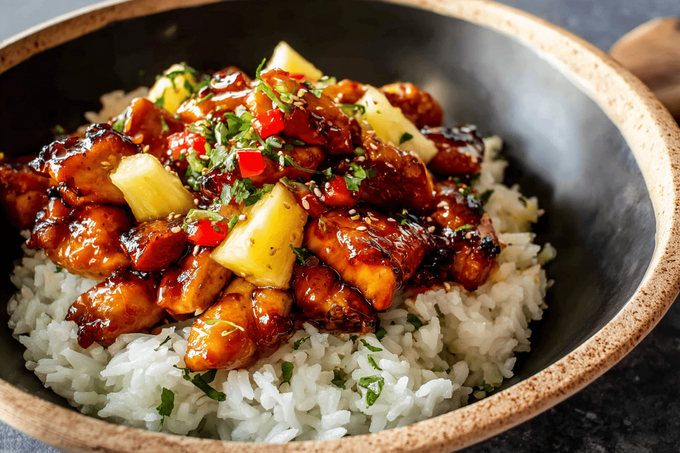 Sticky Honey Garlic Chicken Bowls with Pineapple Salsa & Cilantro Rice