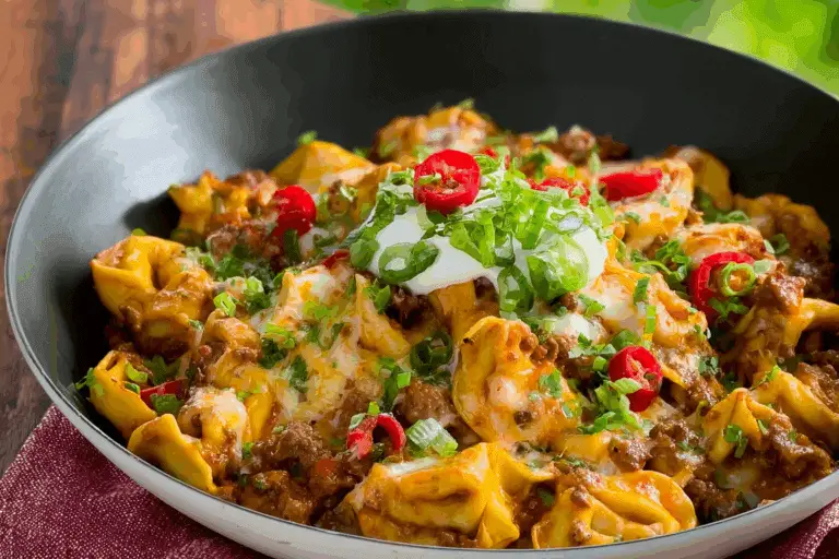Cheesy Enchilada Beef Tortellini Skillet