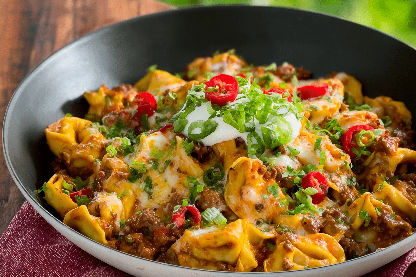 Cheesy Enchilada Beef Tortellini Skillet