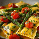 Ravioli with Tomatoes, Asparagus, Garlic & Herbs