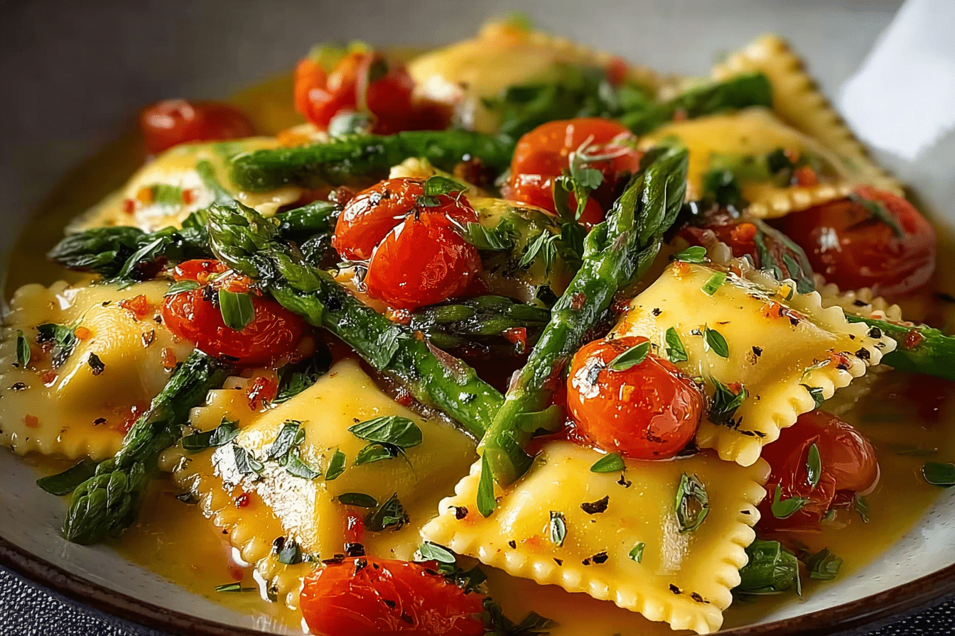 Ravioli with Tomatoes, Asparagus, Garlic & Herbs