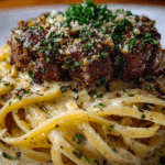 Creamy Parmesan Beef Linguine in Garlic Butter Sauce