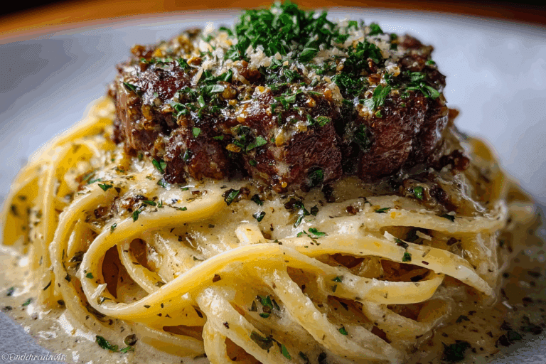 Creamy Parmesan Beef Linguine in Garlic Butter Sauce