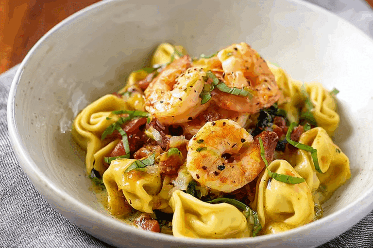 One Pot Shrimp and Creamy Garlic Tortellini