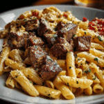 { "Description": "Creamy Cajun Steak Penne with Garlic & Parmesan is a rich and savory pasta dish featuring tender steak strips seasoned with Cajun spices, tossed with penne pasta in a creamy garlic-Parmesan sauce. It’s bold, comforting, and perfect for weeknight dinners or special occasions.", "Ingredients": "12 oz penne pasta1 lb sirloin or ribeye steak, thinly sliced2 tablespoons Cajun seasoning2 tablespoons olive oil4 cloves garlic, minced1 cup heavy cream1/2 cup grated Parmesan cheese1 tablespoon butterSalt and black pepper to taste1/2 teaspoon red pepper flakes (optional)1/4 cup chopped parsley (for garnish)", "Instructions": "Cook penne pasta in salted boiling water according to package directions until al dente. Drain and set aside.In a bowl, toss sliced steak with Cajun seasoning until evenly coated.Heat olive oil in a large skillet over medium-high heat. Add steak and sear for 2–3 minutes per side, or until browned and cooked to desired doneness. Remove from pan and set aside.In the same skillet, add butter and minced garlic. Sauté for 1 minute until fragrant.Reduce heat to medium-low and stir in the heavy cream. Simmer for 2–3 minutes, then add Parmesan cheese. Stir until melted and smooth. Season with salt, pepper, and red pepper flakes if using.Return the cooked steak to the skillet along with the drained penne pasta. Toss everything together until well coated and heated through.Garnish with chopped parsley and additional Parmesan, then serve hot.", "Notes": "Adjust Cajun seasoning to taste depending on your spice preference.Use half-and-half instead of heavy cream for a lighter sauce.Can substitute steak with chicken or shrimp.", "Details": { "Prep Time": "10 minutes", "Cook Time": "20 minutes", "Total Time": "30 minutes", "Yield": "4 servings", "Category": "Main Dish", "Method": "Stovetop", "Cuisine": "Cajun-Inspired", "Diet": "Halal" }, "Keywords": "cajun pasta, creamy steak penne, garlic parmesan pasta, spicy pasta, easy steak dinner", "Nutrition": { "Serving Size": "1 plate", "Calories": "680", "Sugar": "3g", "Sodium": "580mg", "Fat": "38g", "Saturated Fat": "18g", "Unsaturated Fat": "16g", "Trans Fat": "0g", "Carbohydrates": "50g", "Fiber": "3g", "Protein": "38g", "Cholesterol": "120mg" } }