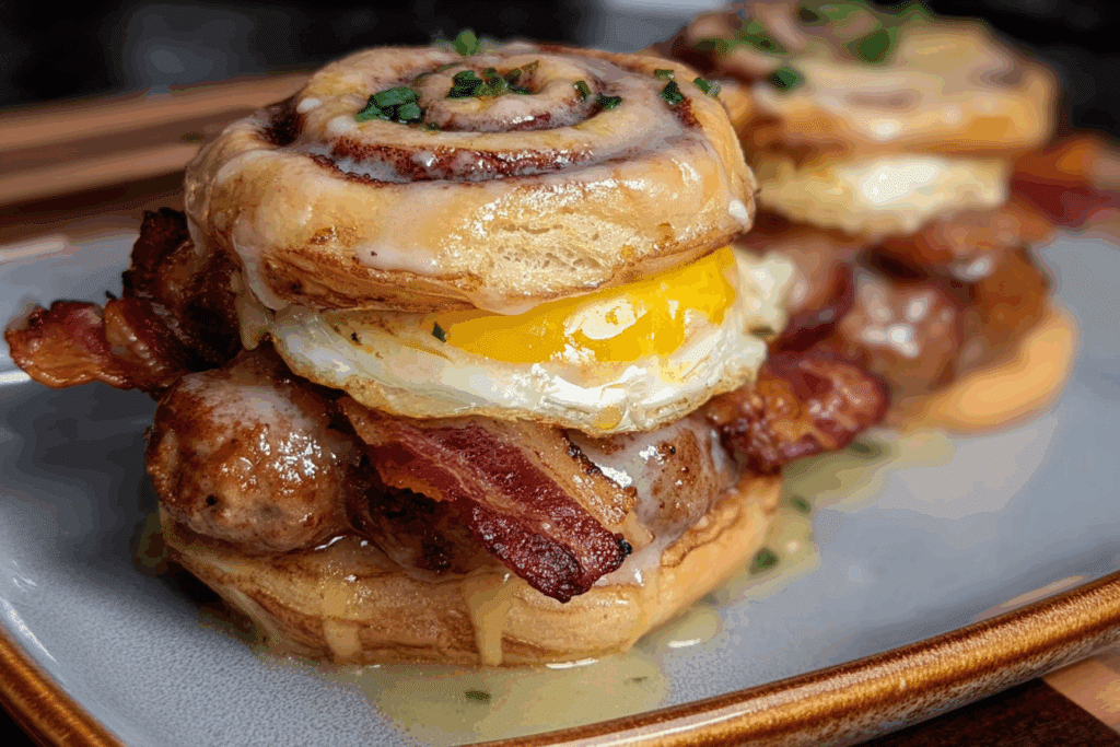 Sausage, Bacon, Egg & Cheese Cinnamon Roll Breakfast Sandwiches