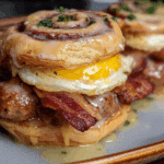 Sausage, Bacon, Egg & Cheese Cinnamon Roll Breakfast Sandwiches