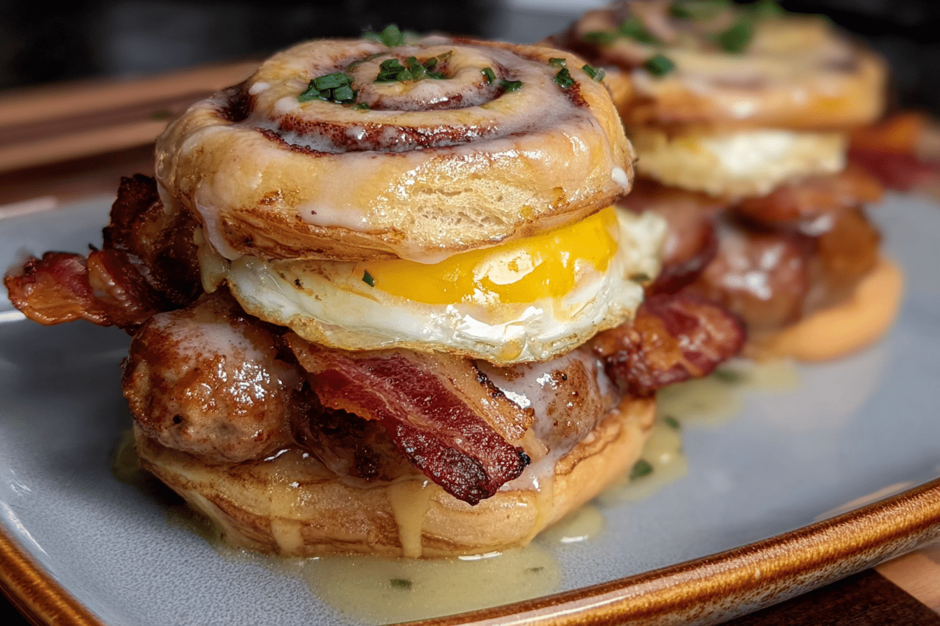 Sausage, Bacon, Egg & Cheese Cinnamon Roll Breakfast Sandwiches