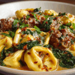 Creamy Garlic Butter Beef Tortellini with Italian Sausage & Spinach