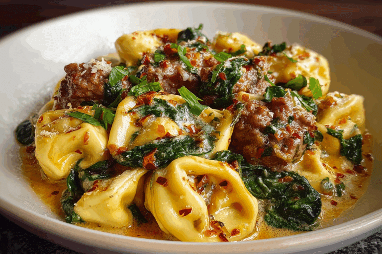Creamy Garlic Butter Beef Tortellini with Italian Sausage & Spinach