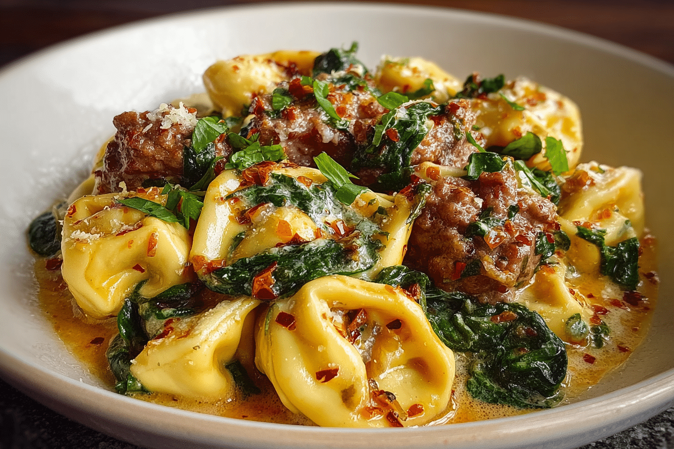 Creamy Garlic Butter Beef Tortellini with Italian Sausage & Spinach